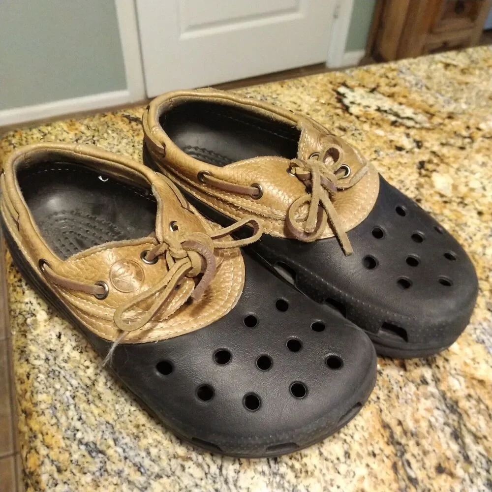 Crocs Islander Sport Pitcrew Black Brown Leather Sandals Lace up Size M6/W8